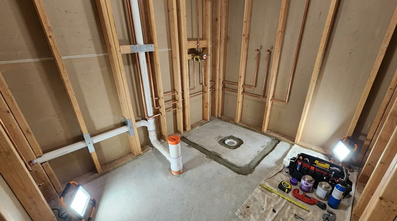 Bathroom rough-in plumbing during remodel by Johns Plumbing LLC in Roy
